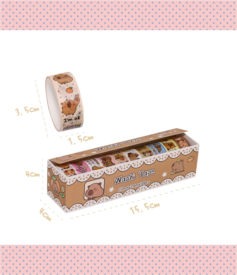 10 Rolls Cute Capybara Washi Tape Set